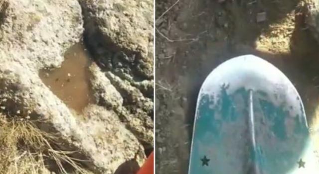 Üzeri suyla kaplı toprağı kaldıran Türk defineci, bulduğu şeye kendisi bile anlam veremedi