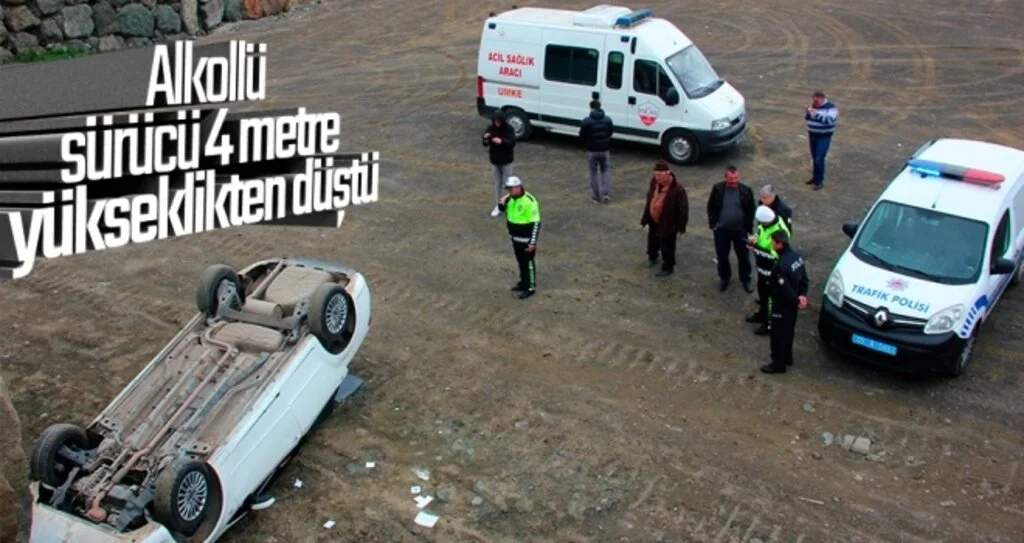 Alkollü sürücü 4 metre yükseklikten düştü