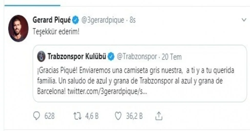 Gerard Pique, Trabzonspora Teşekkür Etti