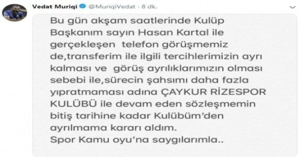 Vedat Muriqi: “Kulübümden Ayrılmama Kararı Aldım”