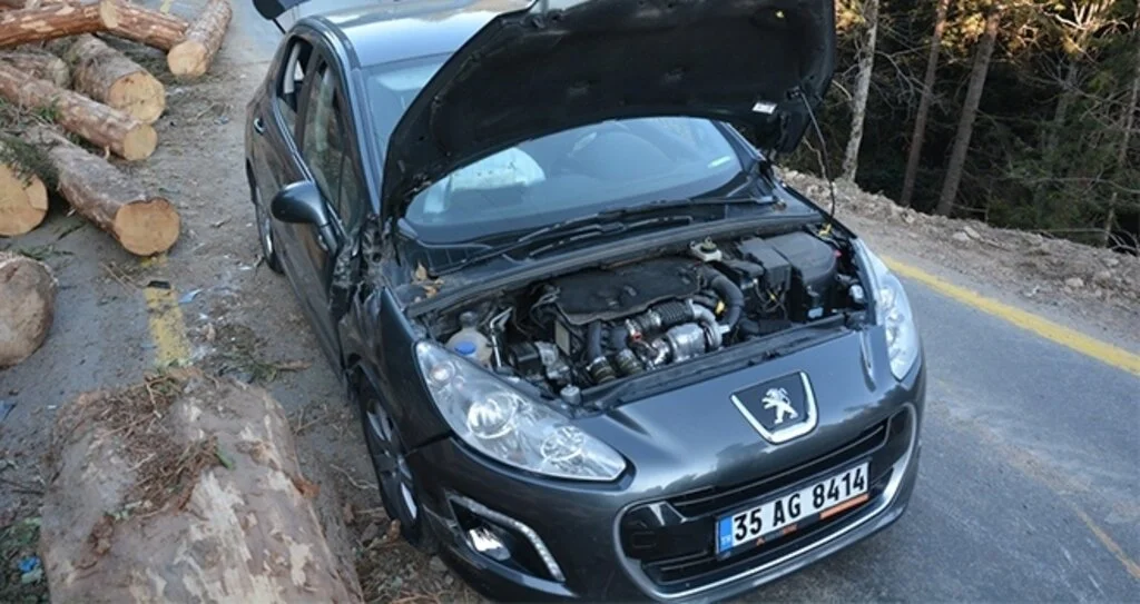 Seyir halindeki otomobile tomruk yuvarlandı