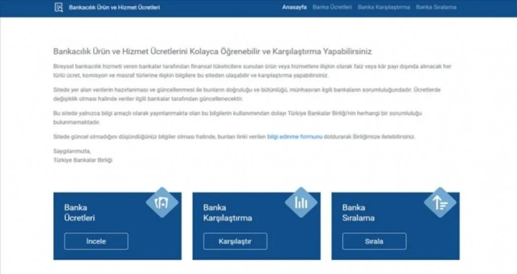Bireysel bankacılık ürün ve hizmet ücretleri internet sitesi açıldı