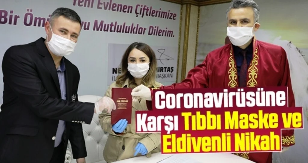 Coronavirüsüne Karşı Tıbbı Maske ve Eldivenli Nikah