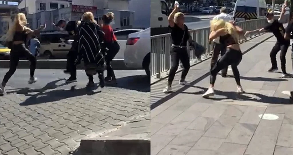 Dört kadın yol ortasında bir adamı tekme tokat dövdü