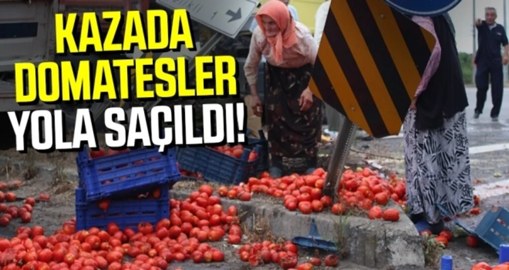 Samsun'da Kamyon kamyonete çarptı, domatesler yola saçıldı