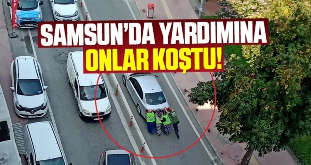 Samsun'da Yolda Kalan Sürücünün Yardımına Çalışan Kadınlar Koştu