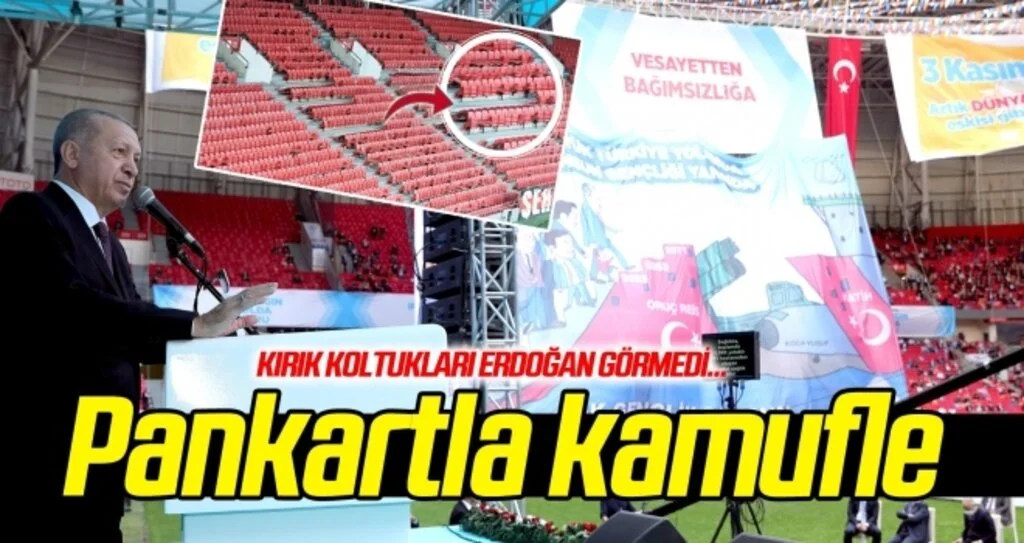 Kırık koltukları Cumhurbaşkanı Erdoğan görmedi! Pankartla kamufle edildi...