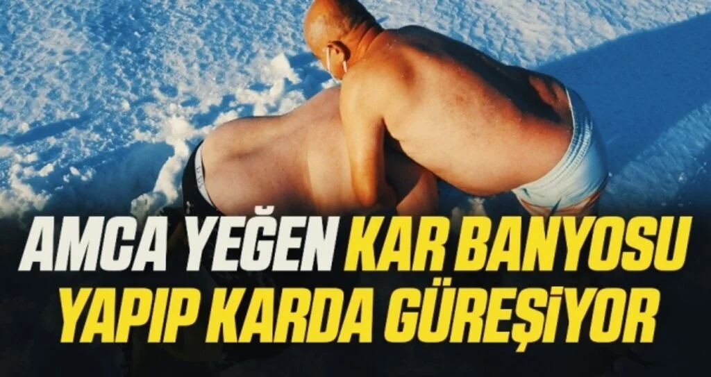 Amca yeğen kar banyosu yapıp karda güreşiyor