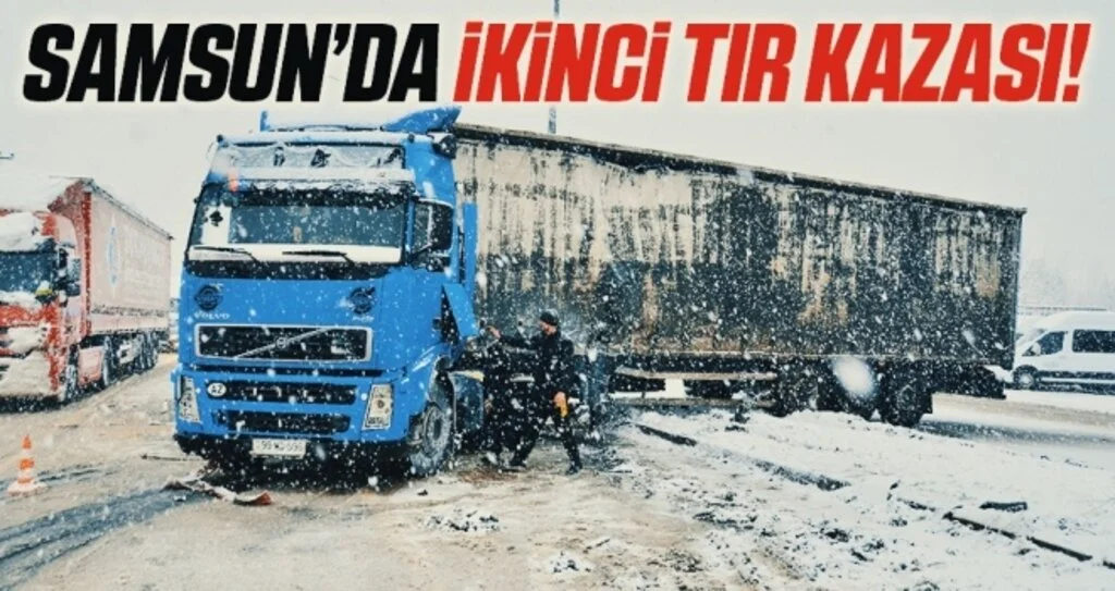 Samsun'da Yoğun karda kayan tır makas yaptı