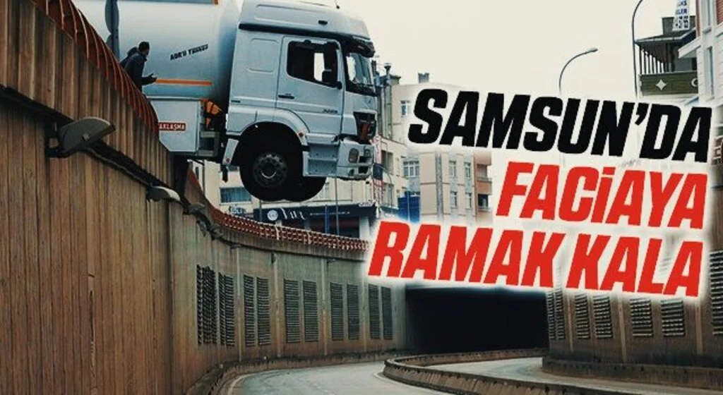 Samsun'da park halindeyken hareket eden tanker geçidin üzerinde asılı kaldı