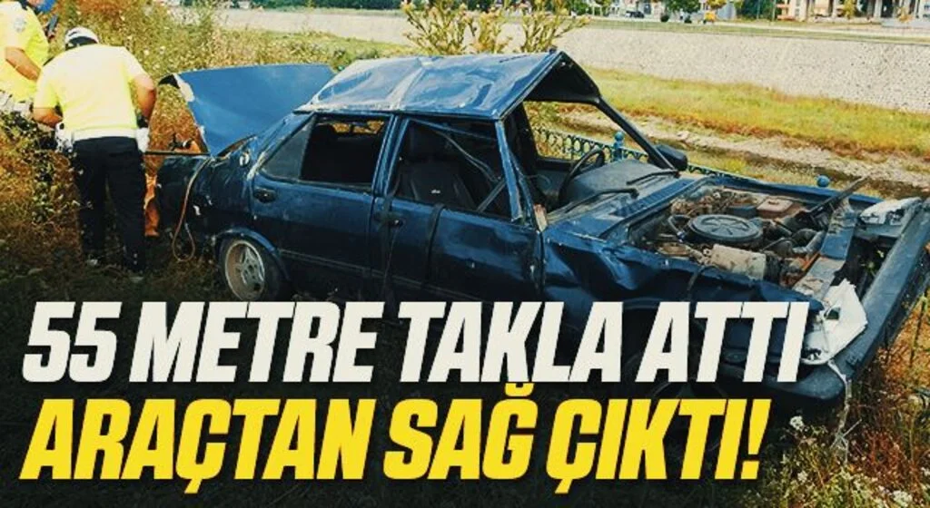 Samsuın Takla atıp hurdaya dönen otomobilden sağ çıktı