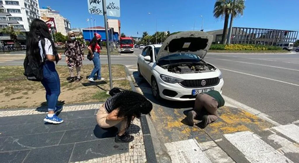 Samsun'da otomobilin motor bölümüne sıkışan kedi yavrusunu itfaiye kurtardı
