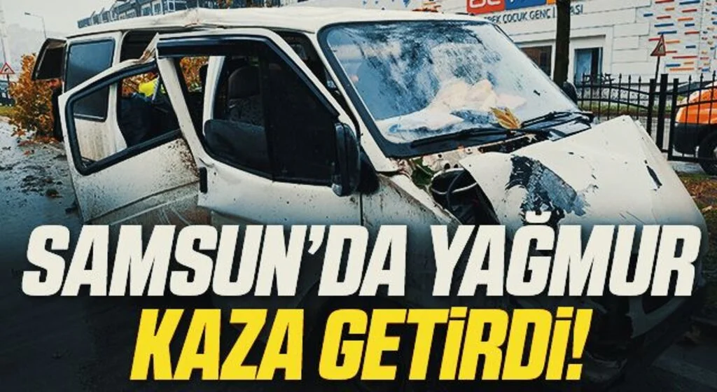 Yağmurdan kayan minibüs direğe ve ağaca çarptı