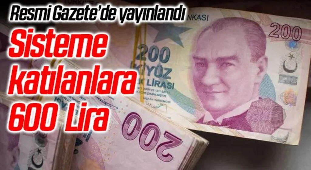 Resmi Gazete'de yayımlandı! Sisteme katılanlara 600 lira verilecek