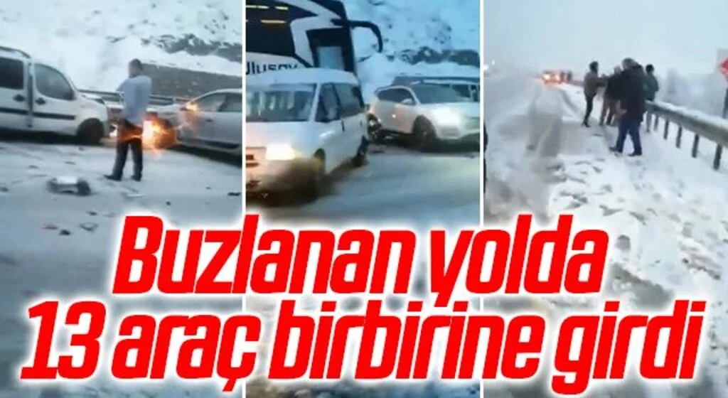 Buzlanan yolda 13 araç birbirine girdi: 3 yaralı
