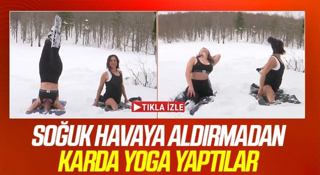 Soğuk havaya aldırmadan karda yoga yaptılar