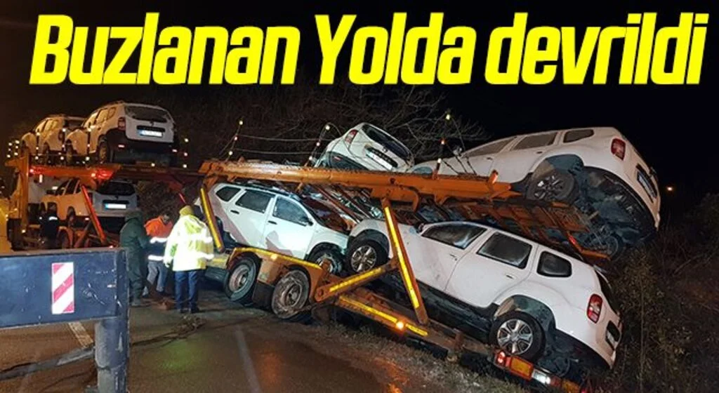 Cip taşıyan tır buzlanan yolda devrildi