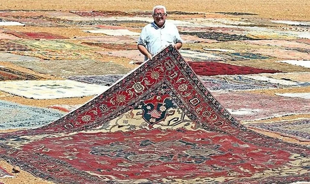Binlerce dolar değerindeki halılar temizlenmek için tarlaya serildi! Hırsızlardan korumak için başında nöbet tutuyorlar