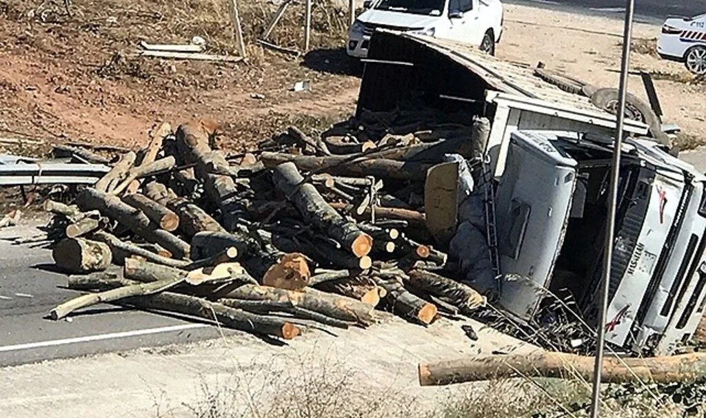 Freni boşalan tomruk yüklü kamyon devrildi: 1 yaralı