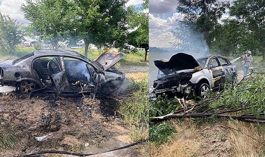 Kaza yapan otomobil alev topuna döndü