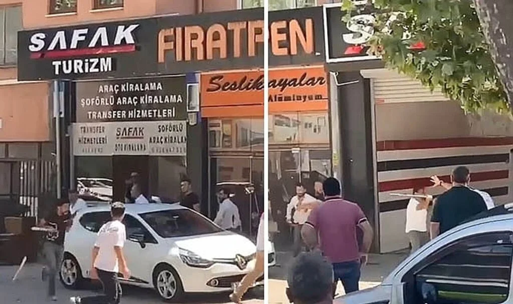 Trafikte tartışan grup yolun ortasında sopalarla birbirine girdi