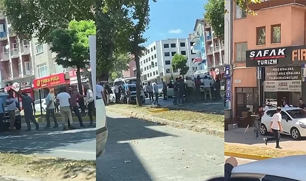 Trafikte tartışan grup yolun ortasında sopalarla birbirine girdi
