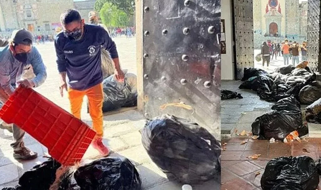 Eylem yapan temizlik işçileri, belediye binasını çöple doldurdu
