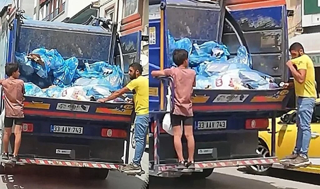 Geri dönüşüm kamyonunda biri çocuk 2 kişinin tehlikeli yolculuğu