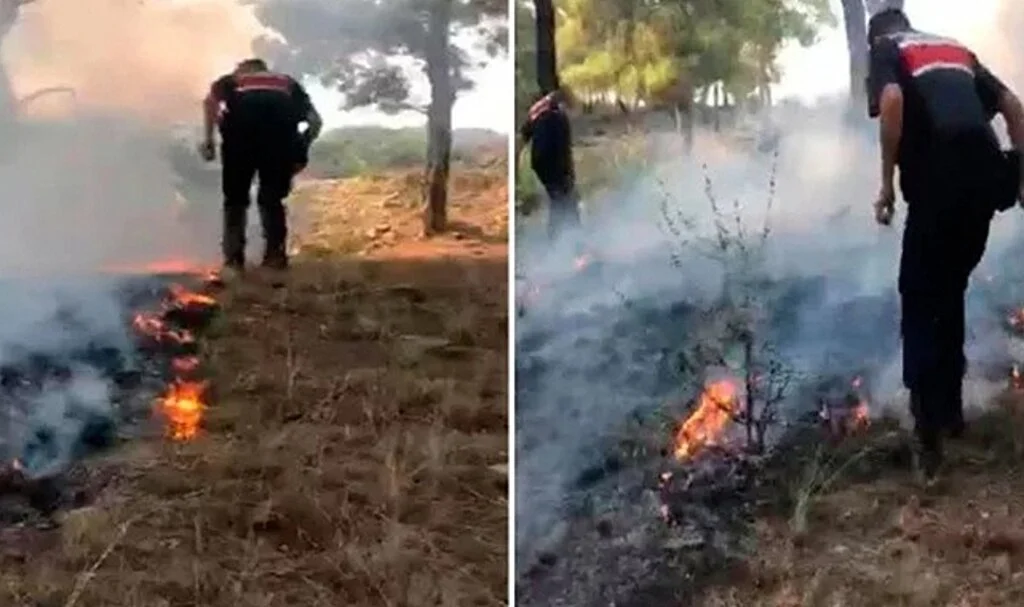 Kahraman askerler yangına ayaklarıyla müdahale etti