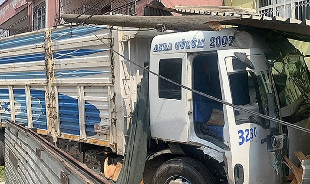 Kamyon, ağaca ve oturan adama çarpıp odunluğa girdi