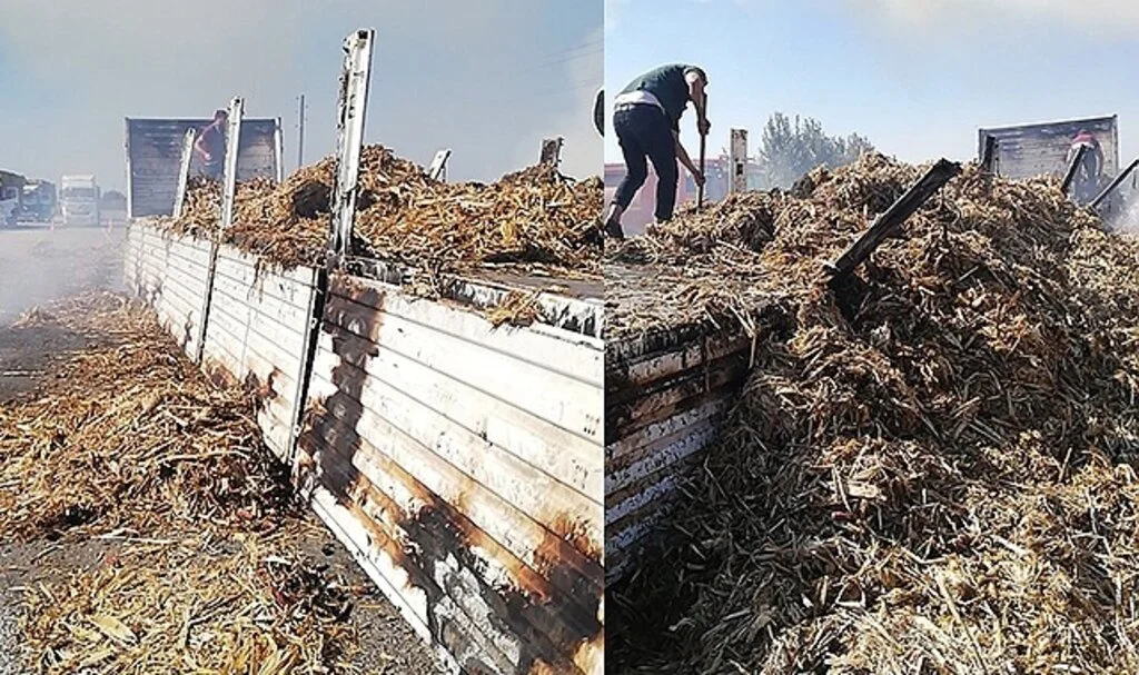 Anız ateşi seyir halindeki tıra sıçradı, onlarca saman balyası kül oldu