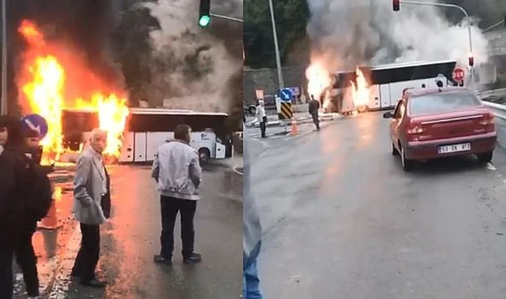 Artvin’de seyir halindeki yolcu otobüsü alev alev yandı