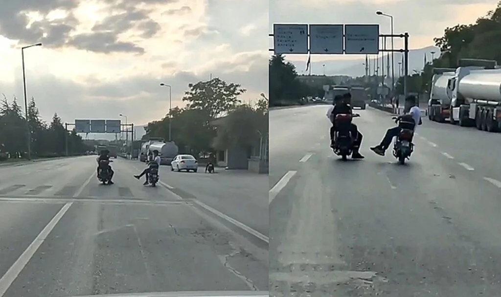 Elektrikli motosiklete yan oturan sürücünün tehlikeli yolculuğu