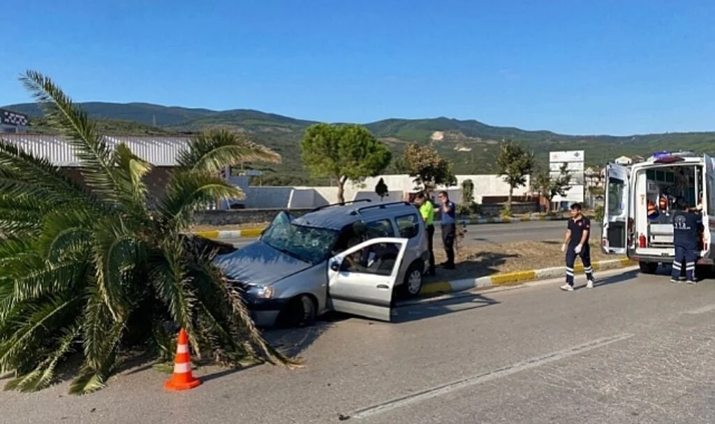 Erdek'te kontrolden çıkan otomobil ağaca çarparak durabildi