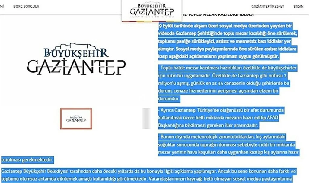 Gaziantep'te toplu mezar kazılıyor iddiasına yalanlama