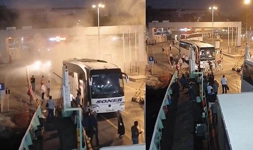 Harem Arabalı Feribot İskelesinde yanan otobüs paniğe yol açtı