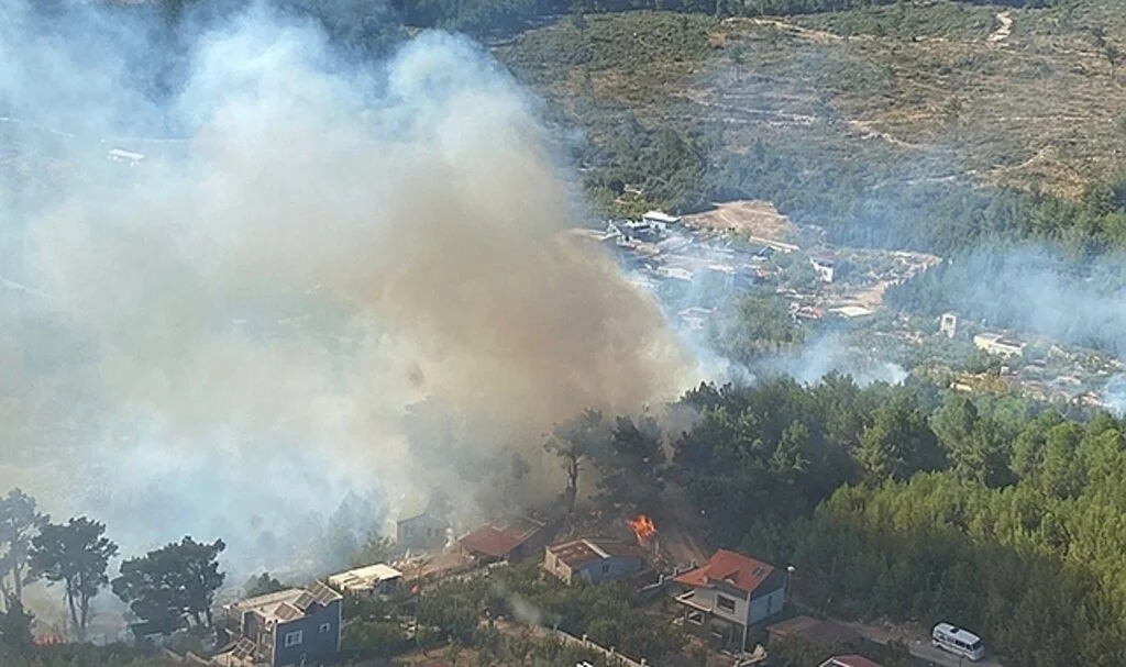 İzmir'de ormanlık alanda yangına havadan ve karadan müdahale