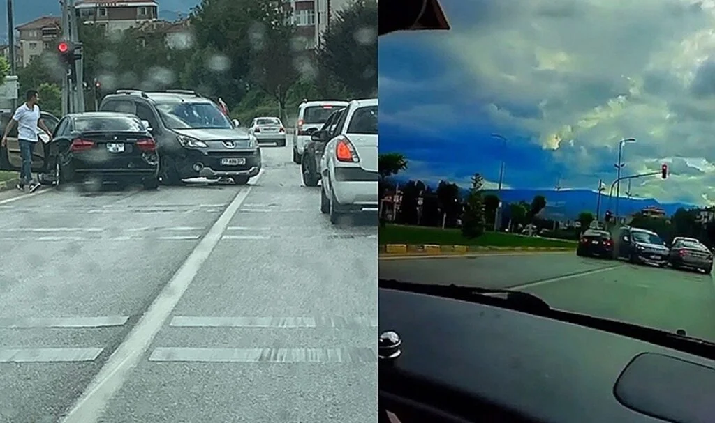Kırmızı ışıkta bekleyen iki otomobile böyle çarptı