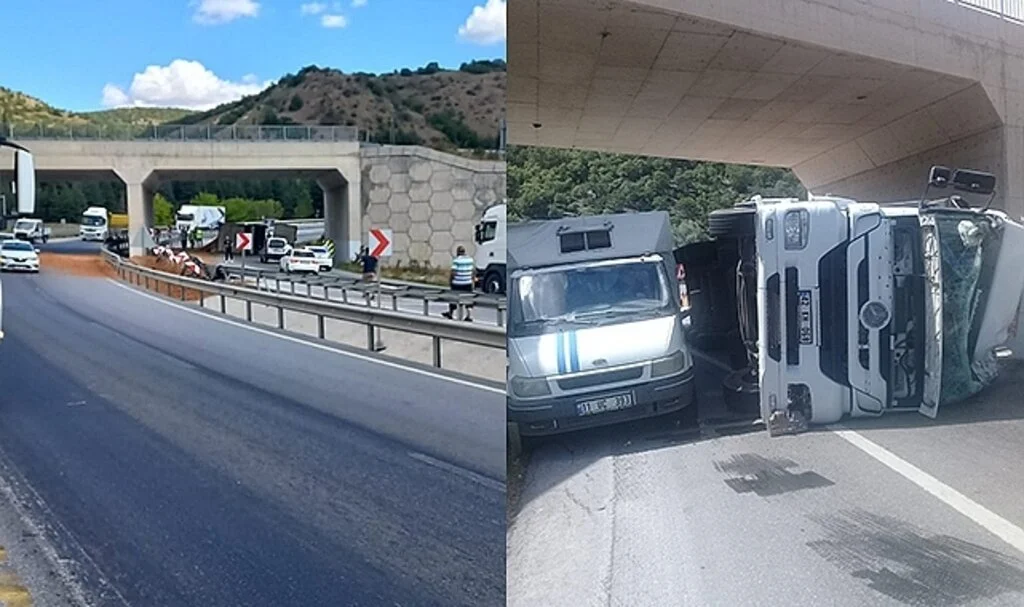 Kütahya’da talaş yüklü tır devrildi: 1 yaralı