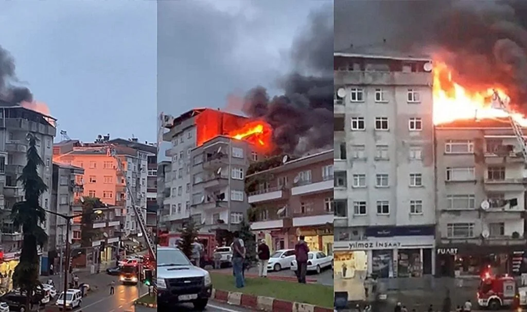Rize'de binanın çatısında çıkan yangın paniğe neden oldu