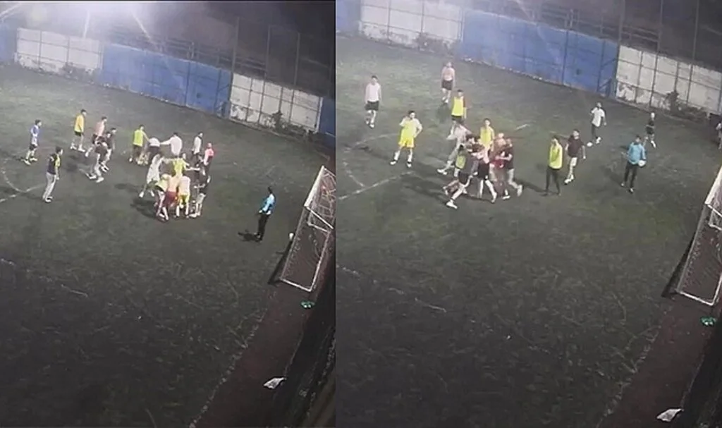 Ümraniye’de halı sahada iki grubun tekmeli yumruklu kavgası kamerada