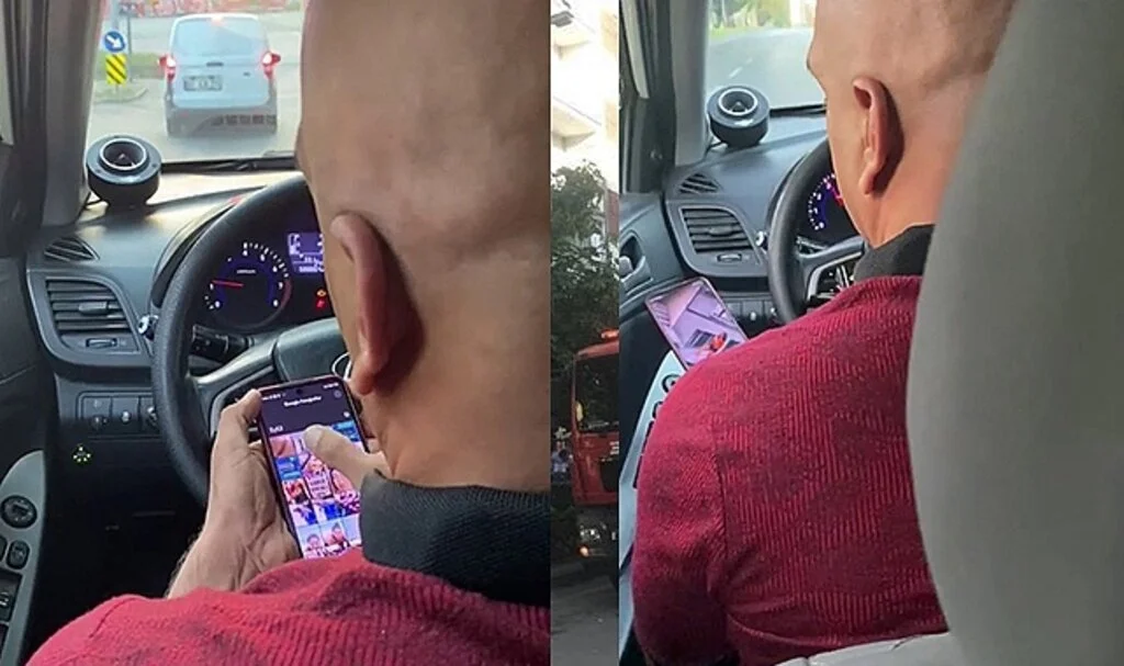 Yoldan geçen şortlu kadının fotoğrafını çeken şoföre yolculardan tepki