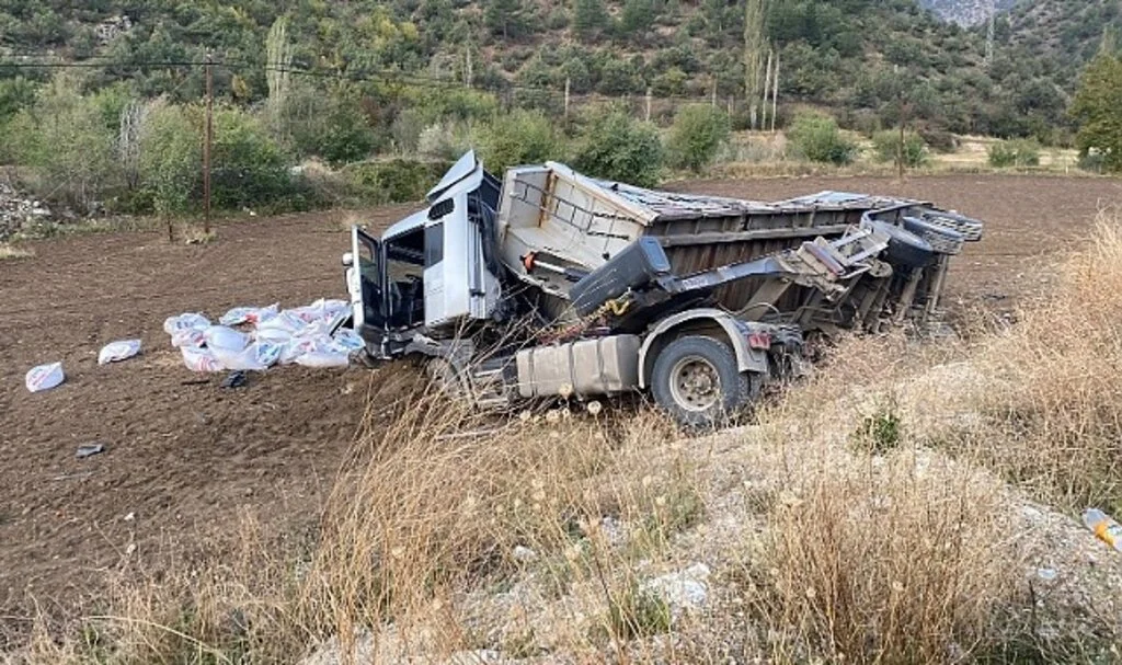 Amasya’da tahıl yüklü tır devrildi