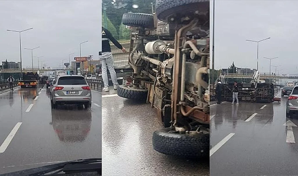 D-100'de kaza yapan kamyon yan yattı