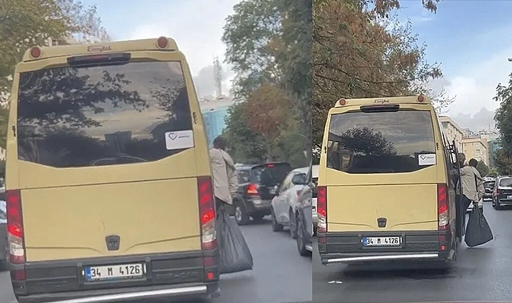 Dolmuştan poşetle sarkarak yolculuk etti