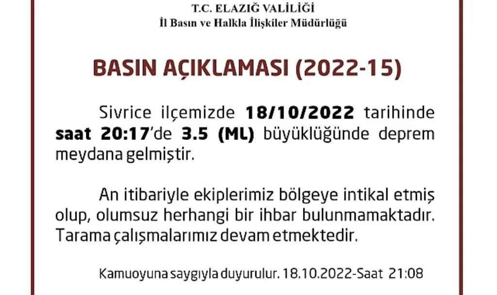 Elazığ'da 3.5 büyüklüğünde deprem