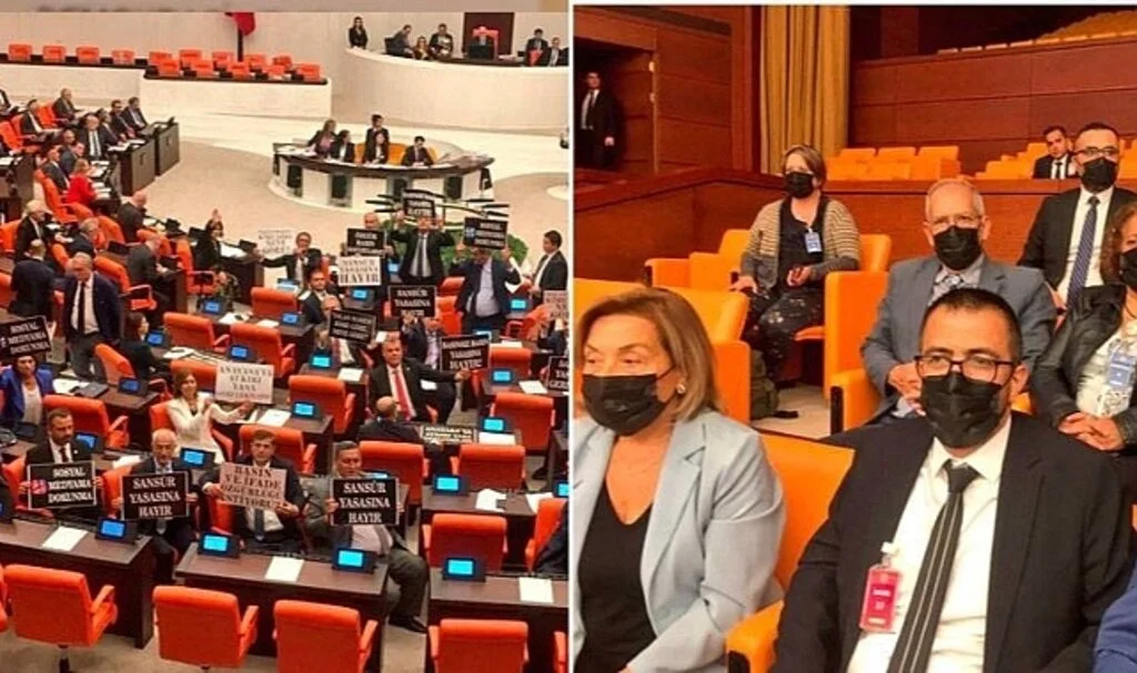 "Sansür yasası" teklifi TBMM'de protesto edildi: CHP’li vekiller pankart açtı, gazeteciler siyah maske taktı