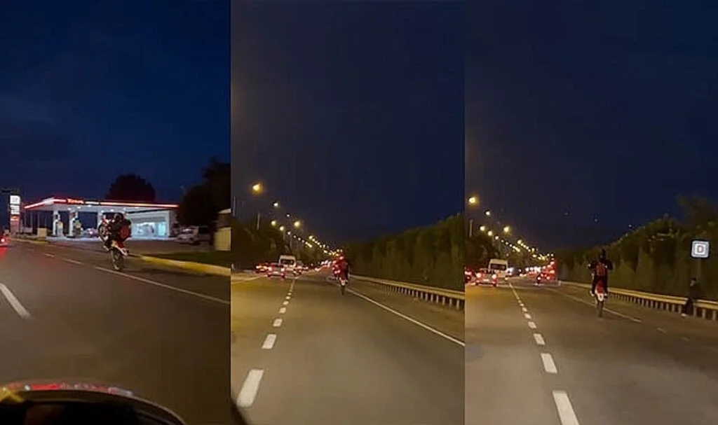 Tek teker giden motosiklet trafikte tehlike saçtı