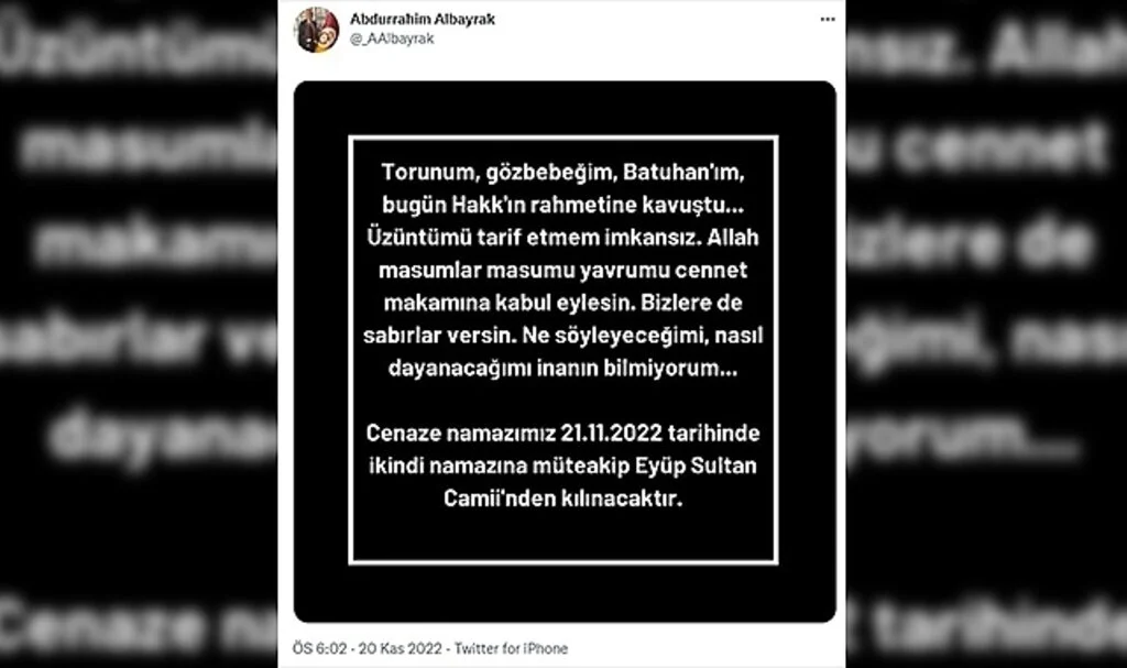 Abdurrahim Albayrak'tan AVM düşerek hayatını kaybeden torunuyla ilgili paylaşım