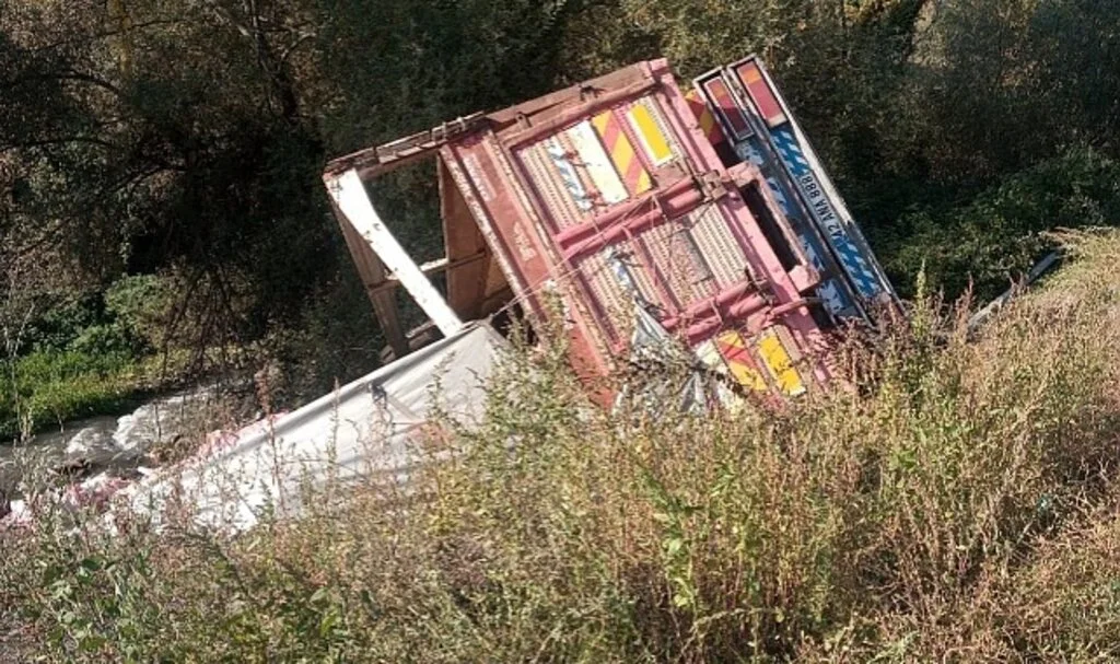 Direksiyonu kitlenen sebze yüklü kamyon şarampole uçtu